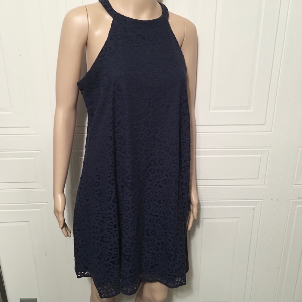 Taylor halter neck keyhole back lace overlay shift dress Navy